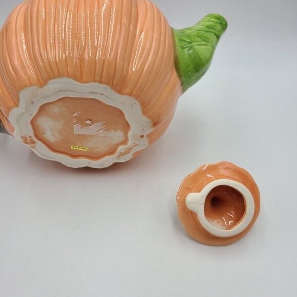 Halloween Autumn Pumpkin Teapot Orange Lid Green Spout 5" Tall - Picture 4 of 4